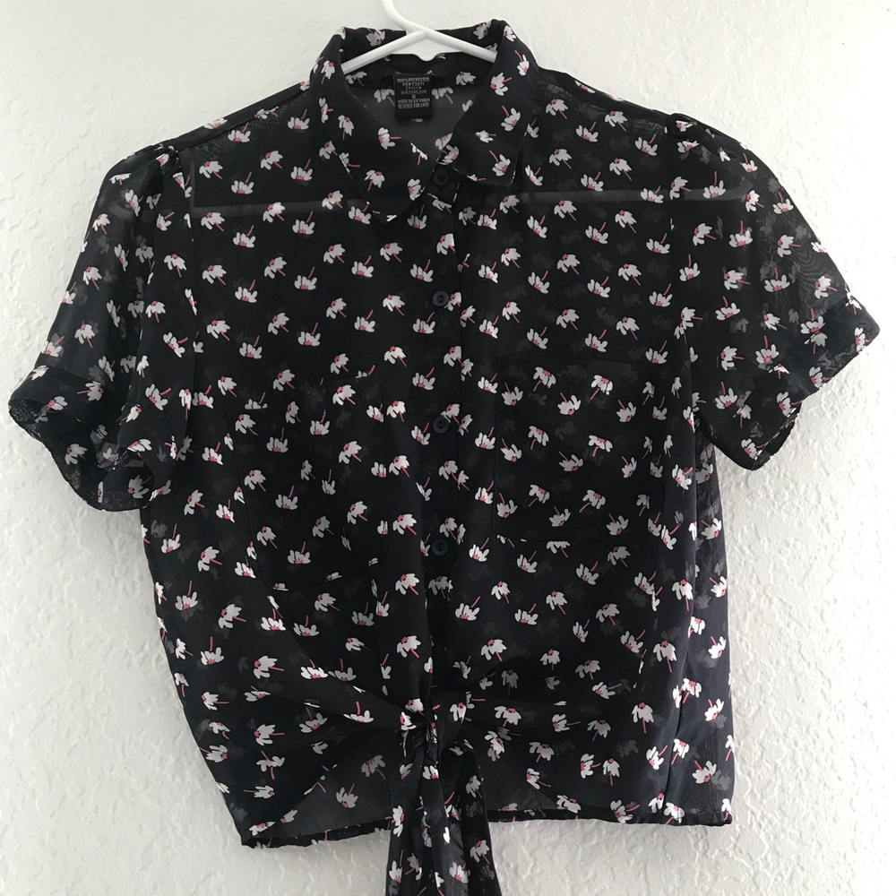 See through flower patter crop top tie detail